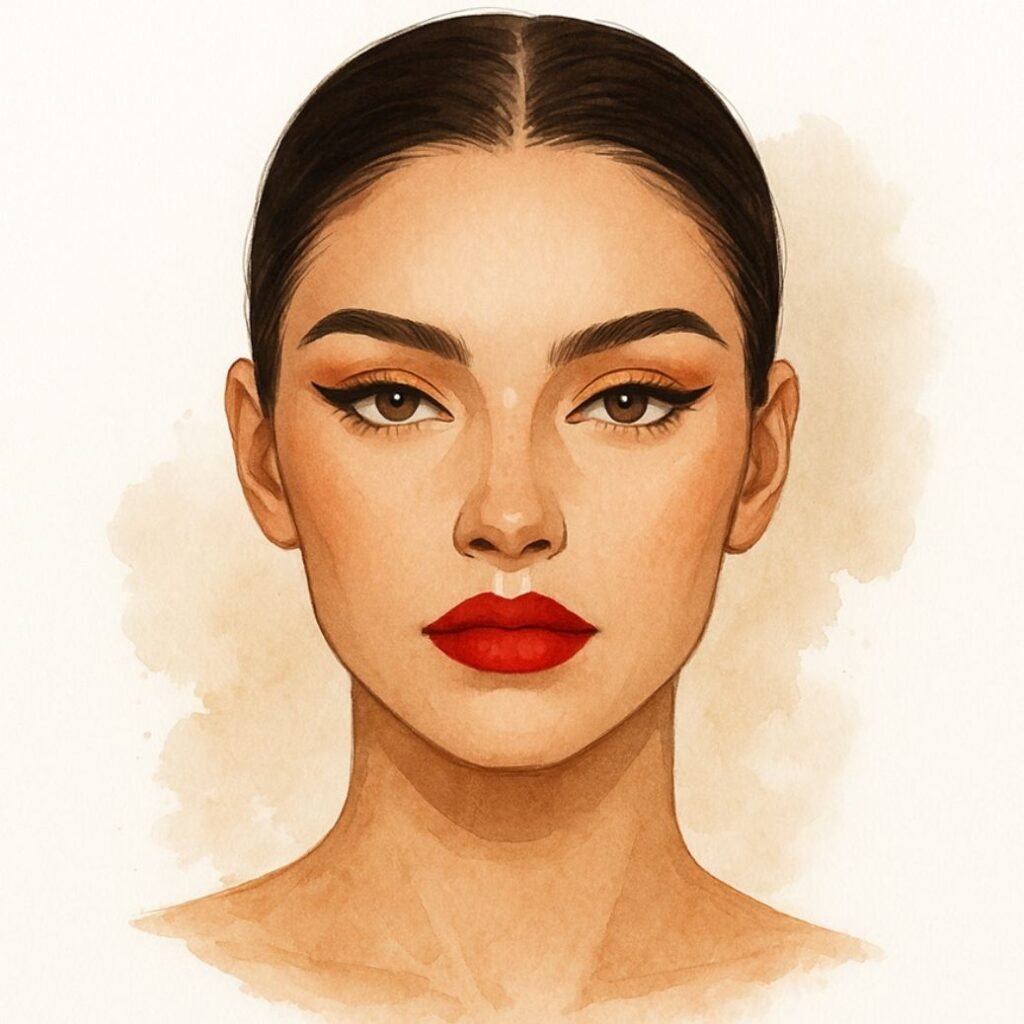 Aries makeup look face chart with fiery red lipstick, bronzed skin, and gold shimmer eyeshadow – zodiac beauty trend.
