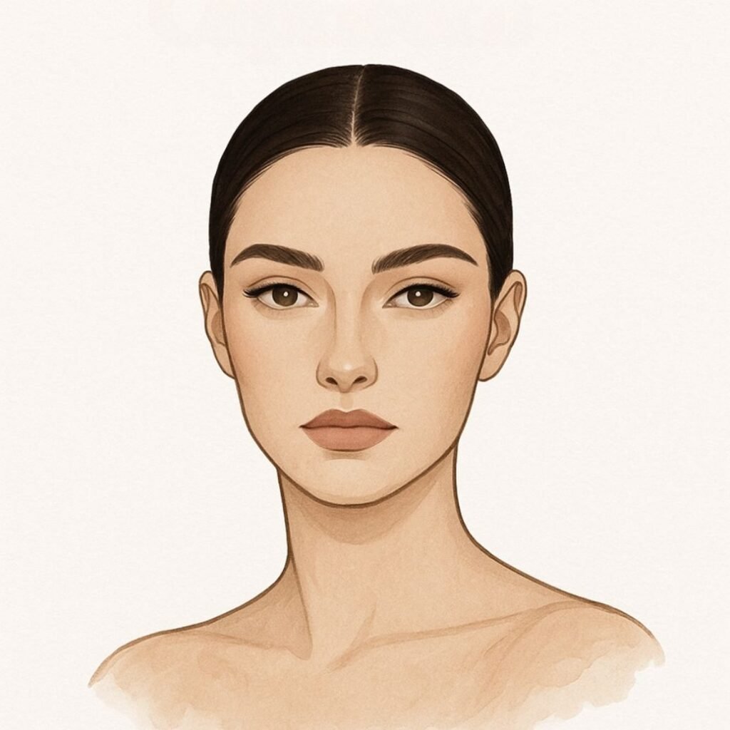 Capricorn makeup look face chart with polished brows, soft contour, and matte nude lips – zodiac makeup guide.