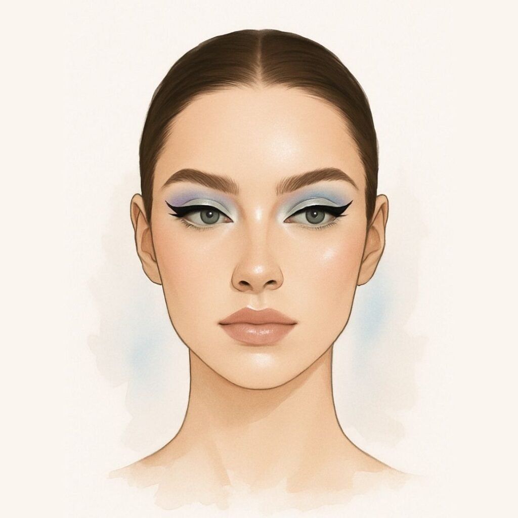 Aquarius makeup look face chart with pastel eyeshadow, graphic eyeliner, and holographic highlighter – astrology beauty.