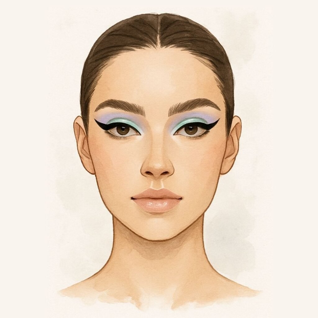 Pisces makeup look face chart with shimmery lavender eyeshadow, iridescent glossy lips, and soft blush – zodiac makeup trend.