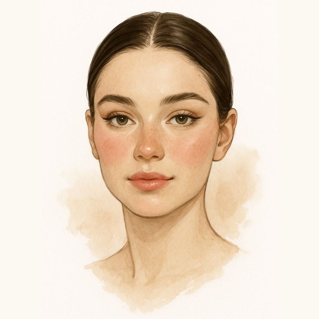 Taurus makeup look face chart with soft rose tones, glowing skin, and earthy brown eyeliner – zodiac beauty inspiration.
