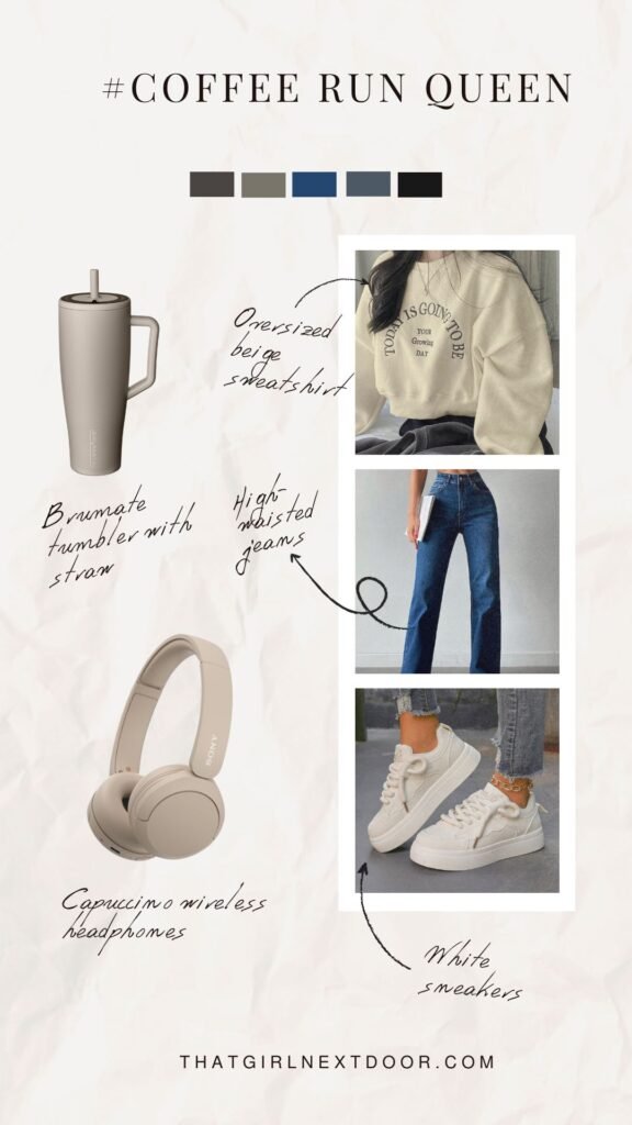 oversized beige sweater, high-waisted jeans and sneakers – back to school outfits 2025