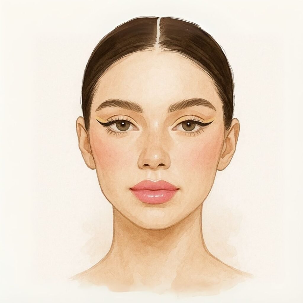 Gemini makeup look face chart with playful double wing eyeliner, glossy lips, and luminous skin – astrology makeup.