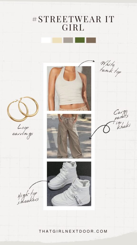 Day 4 – white tank top, khaki cargo pants and high-top sneakers – back to school outfits 2025