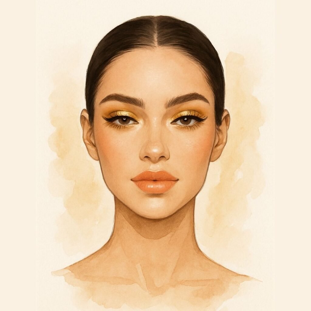 Leo makeup look face chart with glossy peach lips, radiant bronzer, and gold metallic eyeshadow – zodiac beauty.