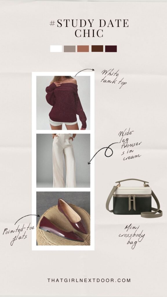 Day 5 – off-shoulder knit top, cream wide-leg trousers and pointed flats – back to school outfits 2025
