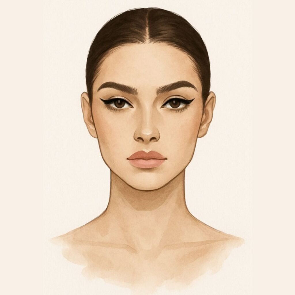Virgo makeup look face chart with soft taupe eyeshadow, precise cat-eye, and natural pink lips – astrology beauty.