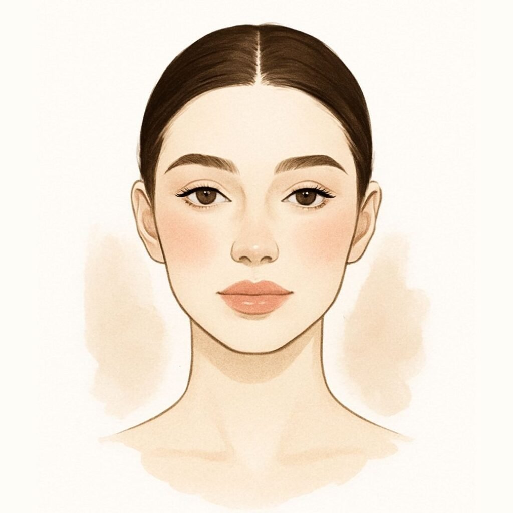 Libra makeup look face chart with flawless skin, soft pink blush, fluttery lashes, and champagne highlighter – zodiac beauty.