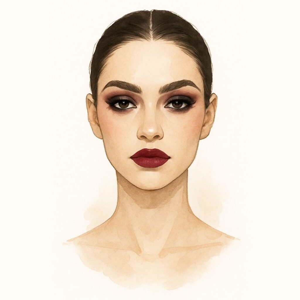 Scorpio makeup look face chart with matte berry lips, deep plum smokey eyes, and defined brows – astrology makeup.