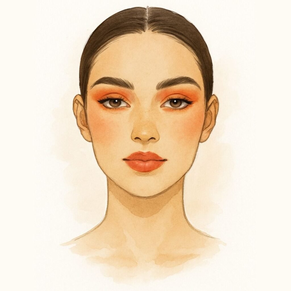 Sagittarius makeup look face chart with coral blush, sunset-inspired eyeshadow, and sheer coral lips – zodiac beauty trend.