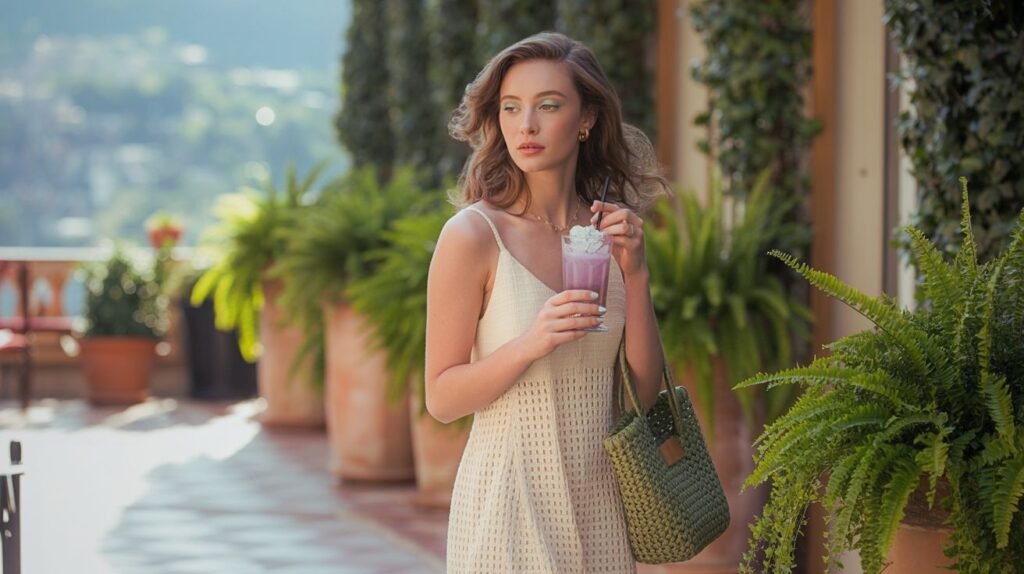 Elegant woman in cream crochet midi dress with dill-green tote bag and pastel mocktail, wearing cool-toned makeup, gold jewelry, walking on sunny terrace – Pinterest summer trends 2025