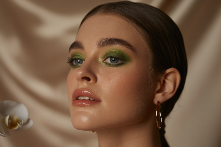 Woman with green and gold smokey eye makeup, nude lips and gold earrings – astrology makeup inspired beauty trend