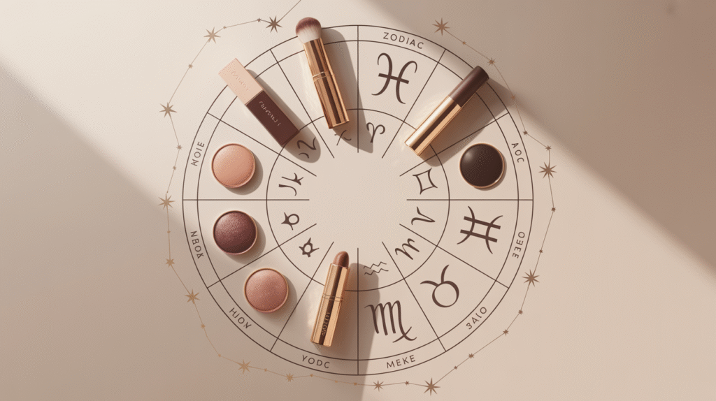 Astrology makeup inspired flatlay with luxury beauty products and constellation details in soft gold and blush pink tones.