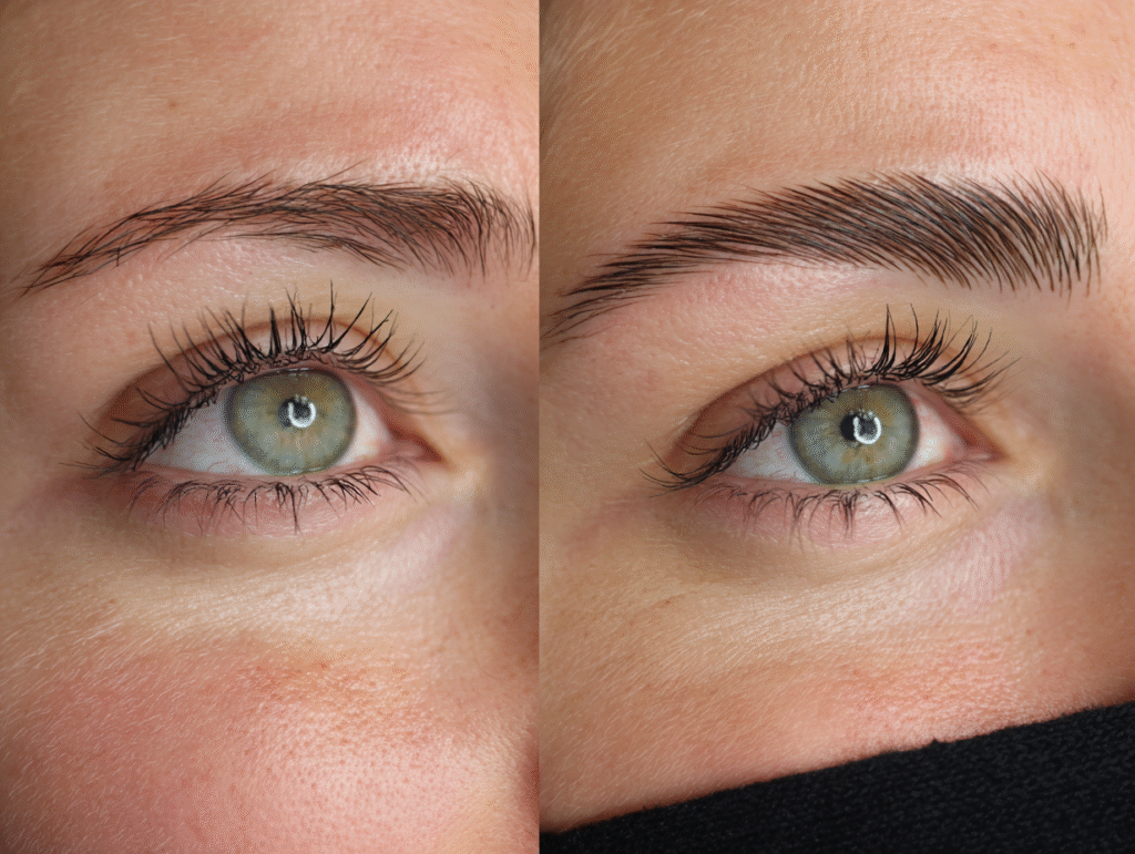 Close-up of perfectly brushed, fluffy laminated brows with natural makeup. beauty hacks