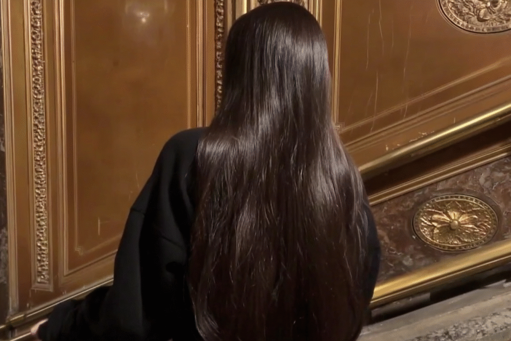 Model with sleek, glossy brunette hairstyle. beauty hacks