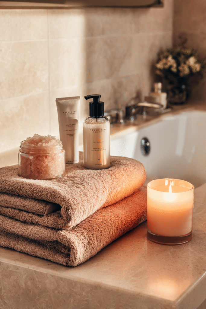 Luxury bathroom counter with Rituals shower gel, body scrub, beige towels, and a lit candle creating a cozy spa-like vibe.