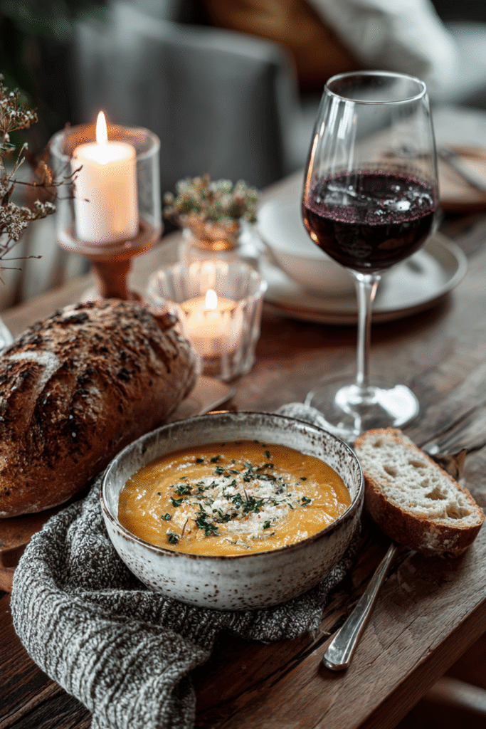 Cozy dinner setup with pumpkin soup, sourdough bread, glass of red wine, and candlelight on a rustic wooden table.