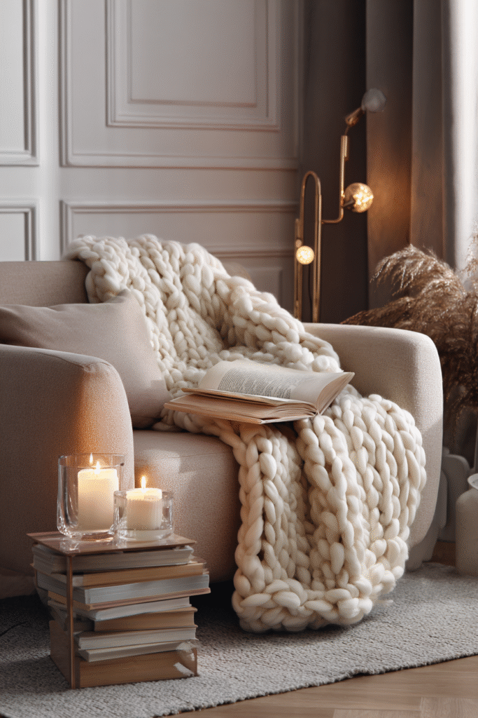 Chunky knit blanket on a beige armchair with a book and lit candle, warm fairy lights creating a cozy evening atmosphere.