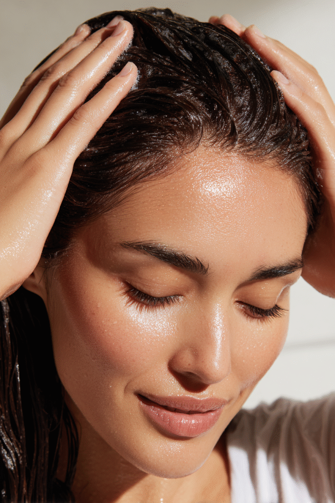 Woman using a scalp brush to apply clarifying shampoo for summer hair detox.