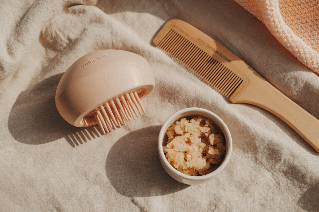 Flat lay of scalp exfoliation tools including silicone brush, wooden comb and natural scrub.