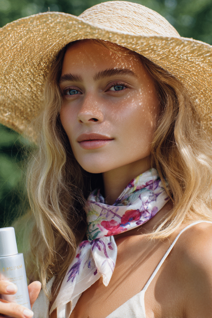 Woman protecting her hair with UV spray and a wide straw hat under the sun.