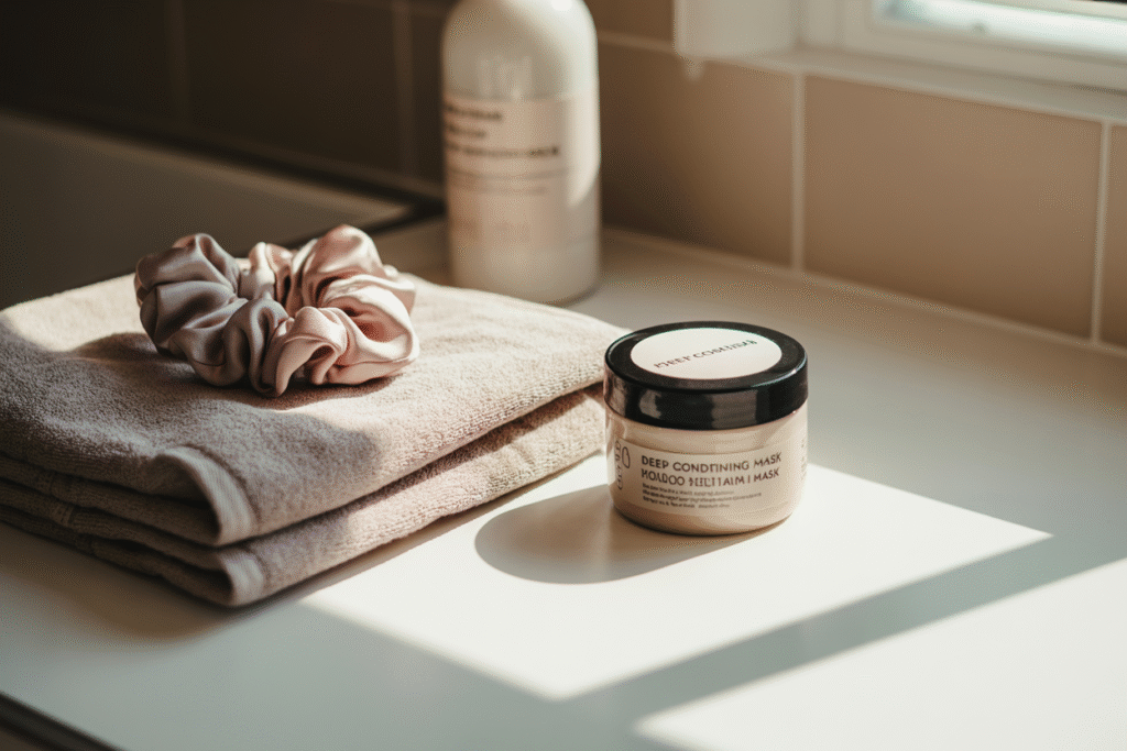 Bathroom counter with deep conditioning mask and silk scrunchie for weekly hair care ritual.