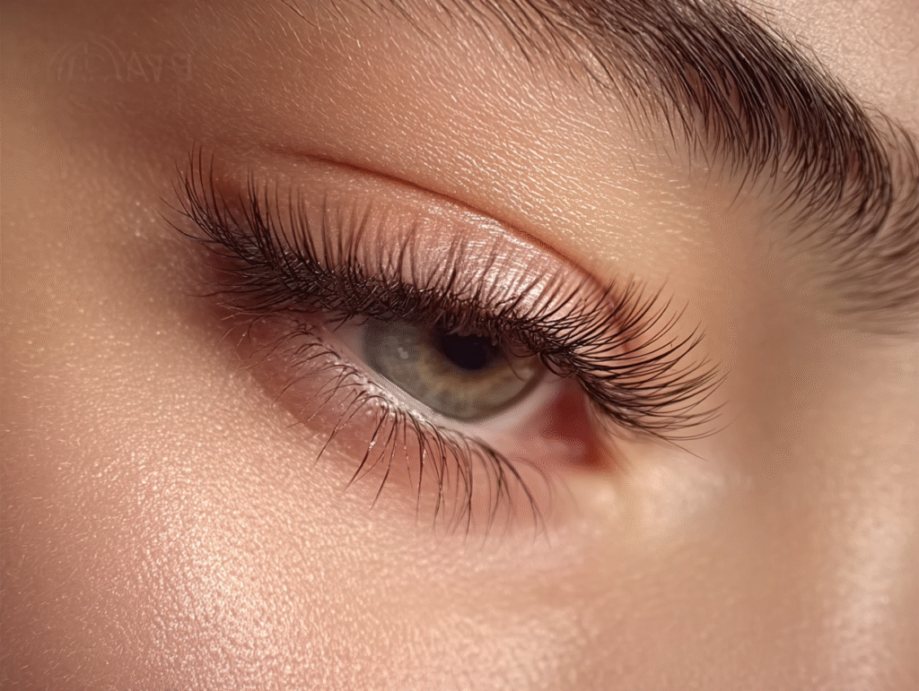Close-up of an eye with naturally curled, dark lashes, soft makeup. beauty hacks