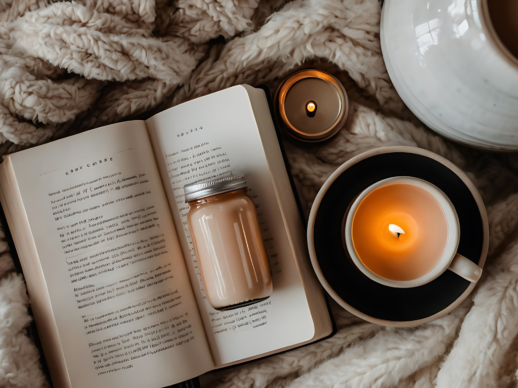 stack of books with lit candles and soft warm light creating a cozy reading corner