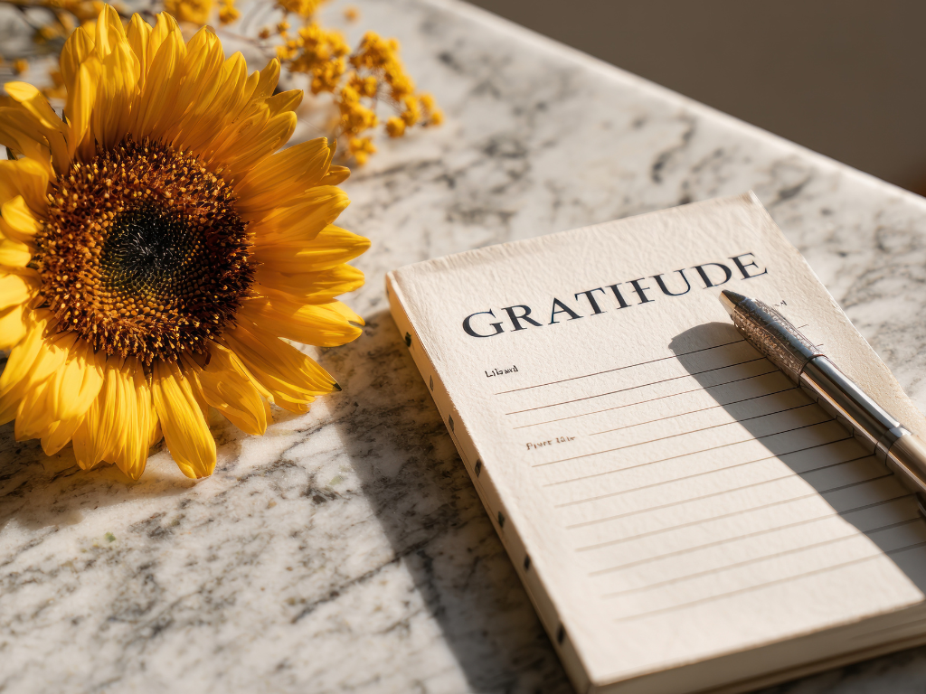 open gratitude journal with handwritten notes and a warm cup of tea on a wooden desk