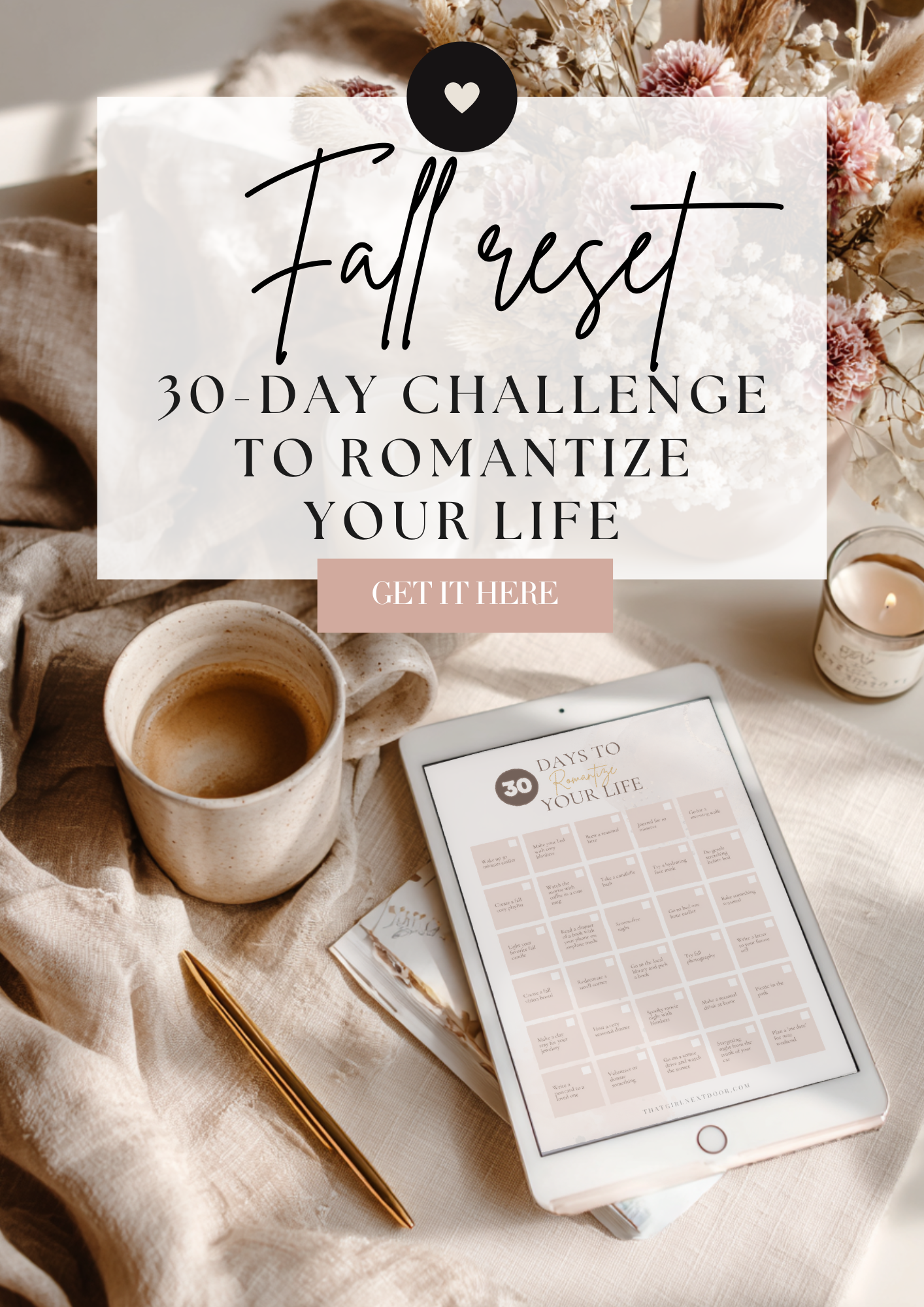 30-Day Cozy Challenge free printable calendar displayed on a tablet with cozy autumn aesthetic