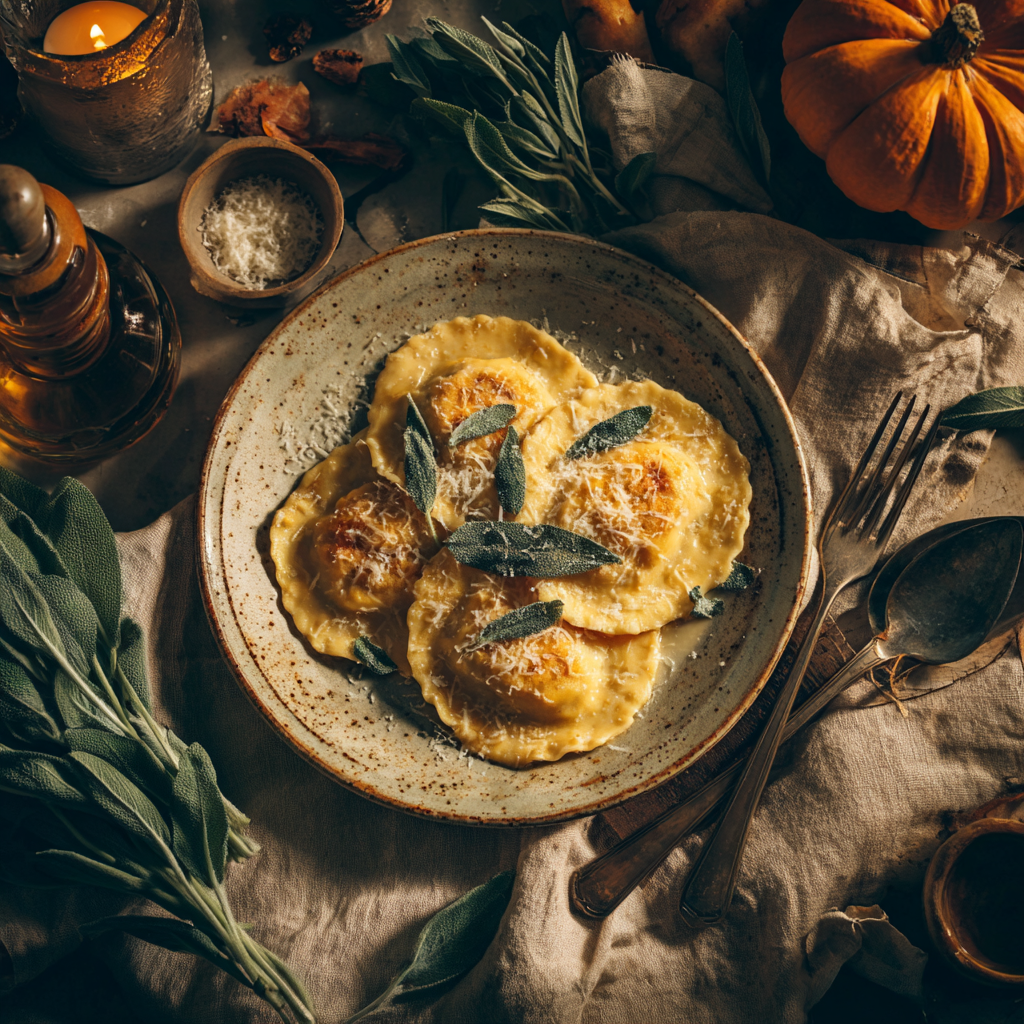 Homemade pumpkin ravioli with sage butter and parmesan, cozy autumn comfort food on rustic ceramic plate, seasonal fall recipe