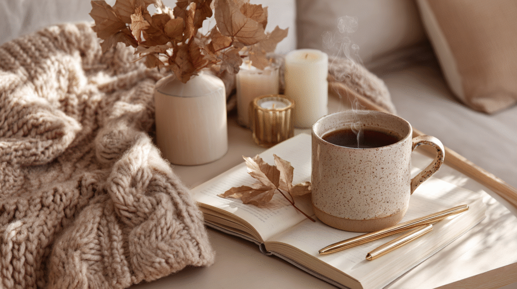 Cozy feminine autumn flat lay with warm light, dried leaves, coffee mug and candles on a beige desk.