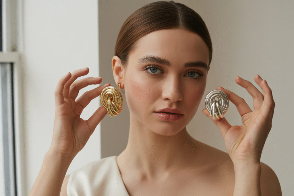 Model showing gold jewelery and silver jewelery to compare both