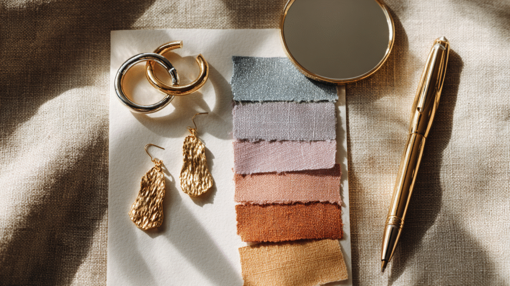 Minimal flat lay: mixed-metal hoops, warm–cool swatches, and a small mirror suggesting how to find your undertone.